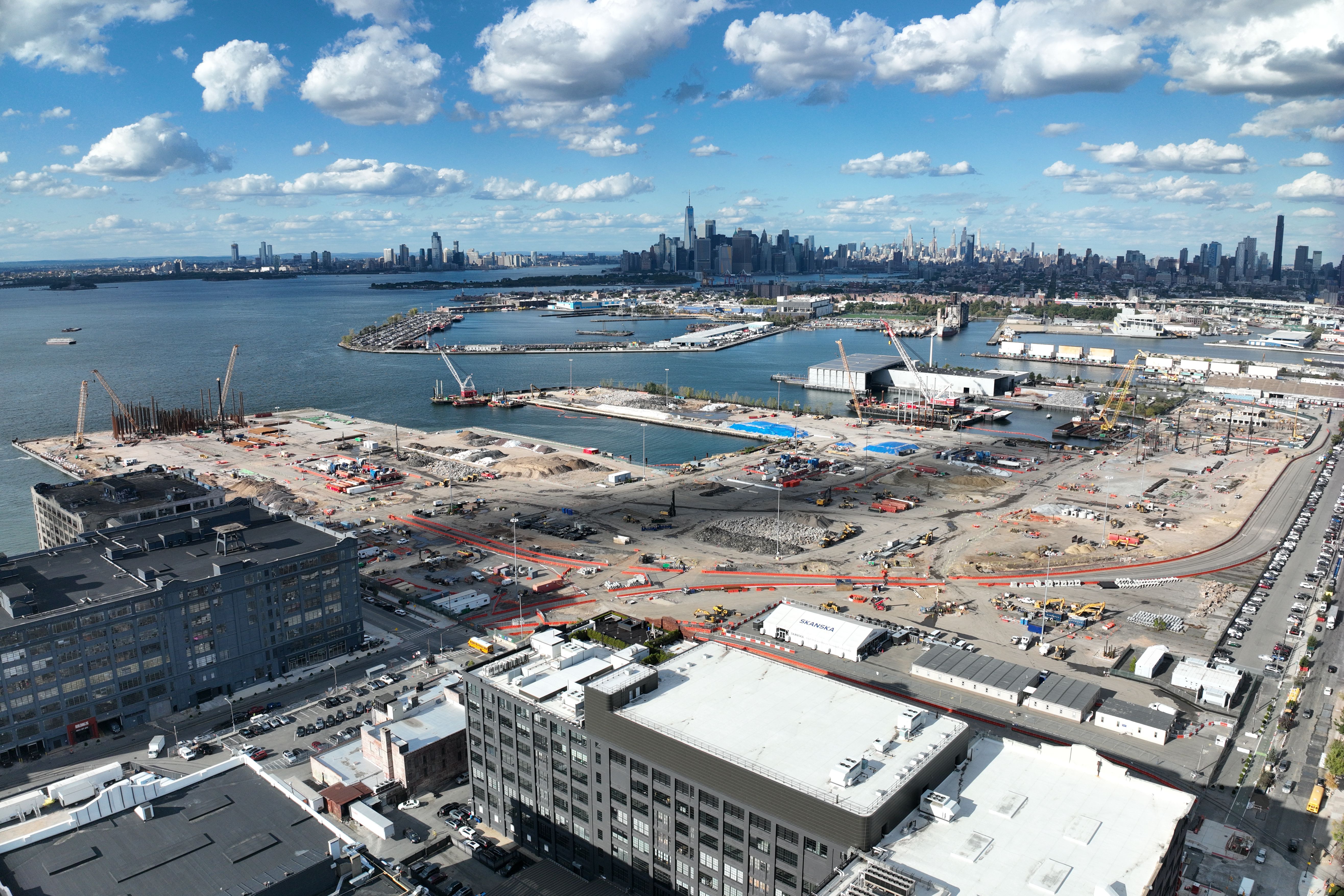 Aerial view of the South Brooklyn Marine Terminal under construction for Equinor’s Empire Wind offshore wind project.